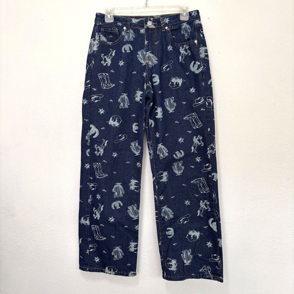 Cali 1850 Womens Western Print Wide Leg Jeans Size 7 Cowgirl Ranch Y2K Rodeo